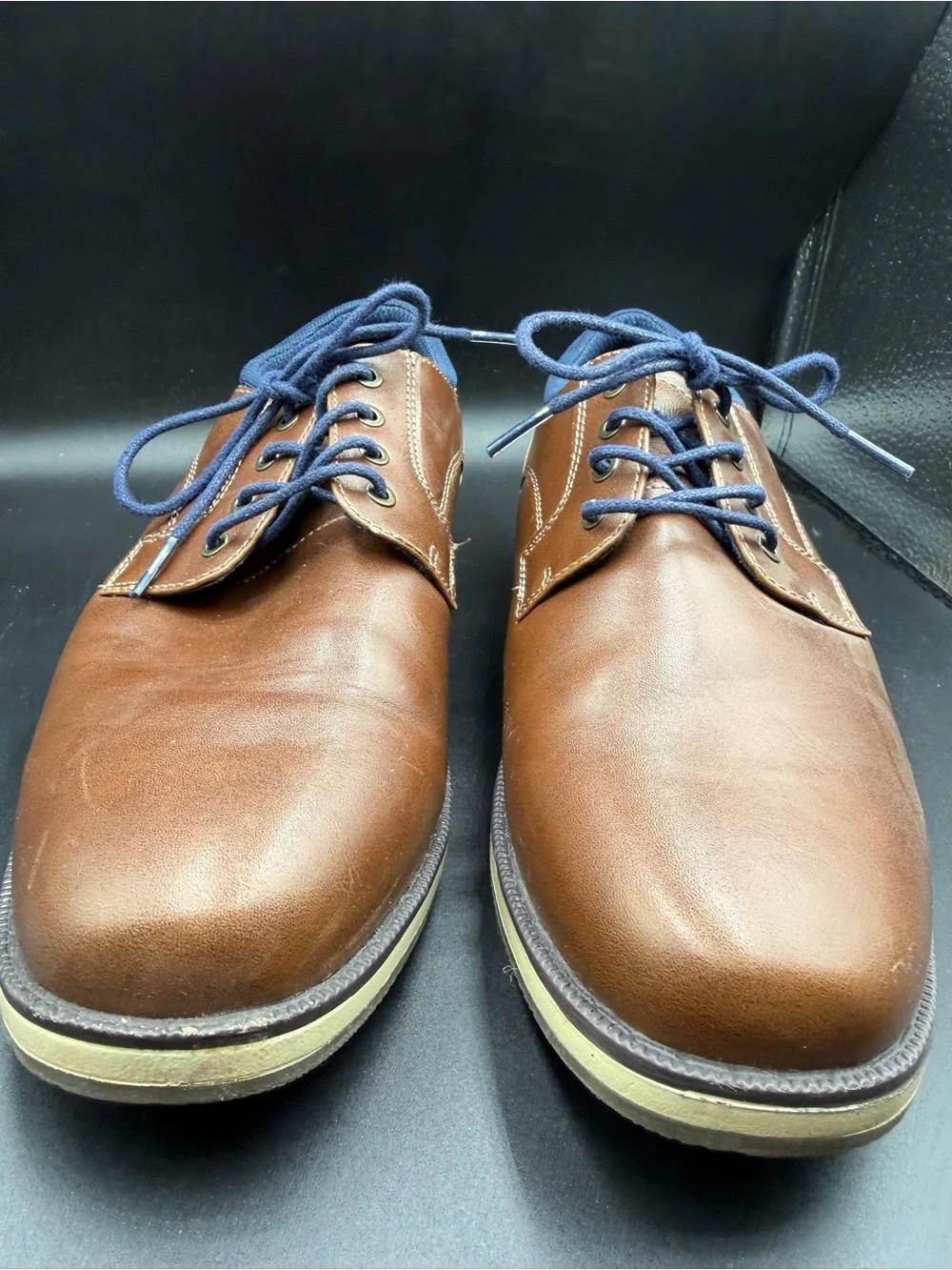 Men's Brown Leather Casual Lace-Up Shoes with Blue Accents